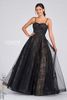 Introducing the Colette CL12248 dress – a stunning choice for any special occasion! This gorgeous gown is made from luxurious lace, tulle, and embellished with intricate lace appliques and sparkling rhinestone accents. It's sure to make you feel like a princess on your big day! Daphne Dress, Full Tulle Skirt, Prom Dress Stores, Prom Dress Styles, Designer Prom Dresses, Gowns Of Elegance, A Line Gown, Formal Dresses Prom, Gorgeous Gowns