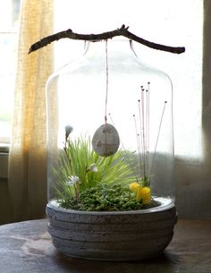 a glass clochet with plants in it sitting on a table