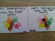 two thanksgiving cards with turkeys painted on them