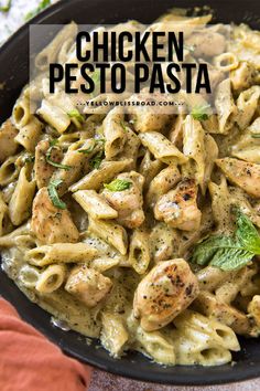 chicken pesto pasta in a black skillet