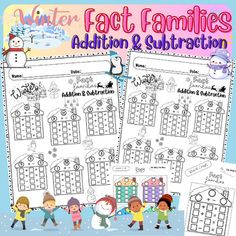 the winter fact families addition and subtraction worksheet is shown in two separate sections