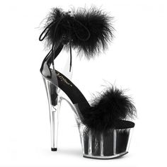 Pleaser Shoes Ado724f Black 7" (178m) Heel, 2 3/4" (70mm) Platform Close Back Ankle Cuff Sandal Featuring Marabou Fur On Vamp And Inside The Platform Bottom, Side Lacing & Back Zip Closure, Exotic Pole Dance High Heels Free Shipping And Brand New In The Box Perfect For Pin Up, Cosplay Outfits, Sexy Heels, Burlesque And Showgirl Performances, Dancewear And More Brand New In The Box #Nwt #Nwb #Shoes #Dollskill #Summer Feather Sandals, 7 Inch Heels, Fur Sandals, Dance Heels, Pleaser Shoes, The Platform, Platform Sandals Heels, Unique Shoes, Pole Dance