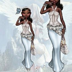 two black women dressed in white dresses with angel wings on their shoulders, one holding a purse and the other looking at her phone