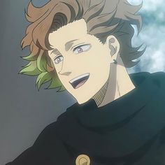 an anime character with brown hair and green eyes looks at the camera while wearing a black shirt