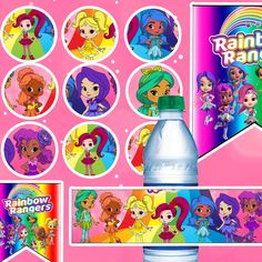 the water bottle is next to some stickers and labels for rainbow raindrops