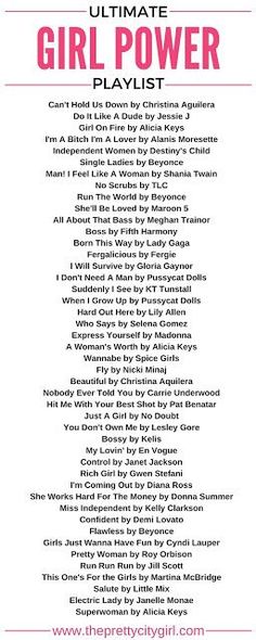 the ultimate girl power playlist is shown in pink and white, with words above it