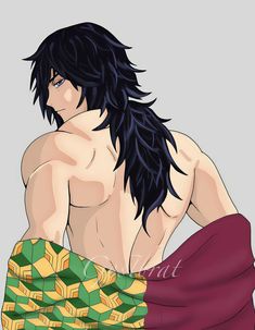 a man with long black hair and no shirt is wrapped up in a green towel