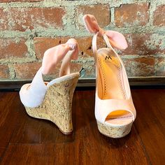 Brand New. Velvet Blush Color With Cork Wedge. Peep Toe And Tie At Heel. Lace Wedges, Colored Sandals, Cork Wedges Sandals, Black Wedge, Lace Up Wedges, Platform Sandals Heels, Womens Shoes Wedges, Shoe Dazzle, Platform Heels