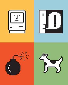 four squares with different types of pixel art on them, including an image of a dog