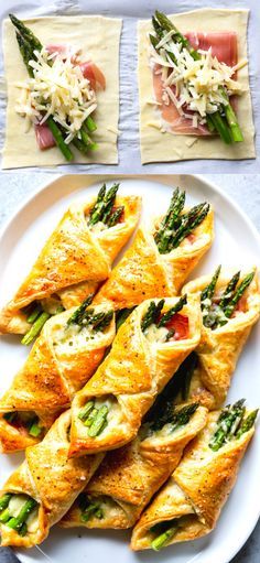 asparagus and prosciutto pastries on a white plate