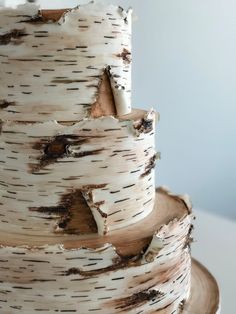 a close up of a cake with white frosting and brown bark on it's sides