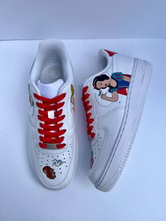 Custom Air Force 1's hand painted with a design inspired by the fairytale Snow White! This listing features only good characters, Snow White, three dwarfs of your choosing, and some cute woodland critters! Custom, bright, personalized Air Force 1's make a perfect gift for any occasion! The price includes a new pair of Nikes, your custom hand painted design, and shipping. Each pair is hand painted with high quality leather paints and sealed to provide long lasting results!  ⭐️ PERSONALIZATION IS Painted Shoes Diy, Painted Nikes, Nike Air Force 1s, Air Force 1s, Woodland Critters, Shoes Diy, Custom Air Force 1, Leather Paint, Custom Hand Painted