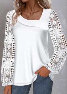 Color:White;Size:S;Size:M;Size:L;Size:XL;Size:XXL;Package Contents:1 X Blouse;Occasion:Other;Style:Casual; Winter Tops For Women Long Sleeve, Tops For Women Long Sleeve, Tops For Women Long, Blouse Size Chart, Shein Outfits, Dressy Tops, Fashion Wear, Tops For Women, Long Sleeve Lace