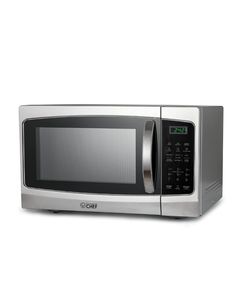 a stainless steel microwave oven on a white background