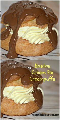 two pictures of boston cream pies with chocolate drizzle