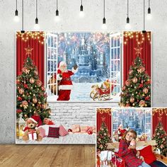 a child sitting on a couch in front of a christmas tree with santa clause and presents