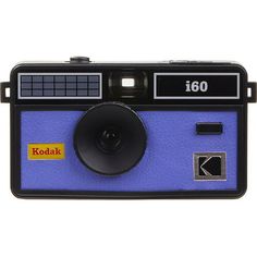 the kodak camera is blue and has a black button on it's side