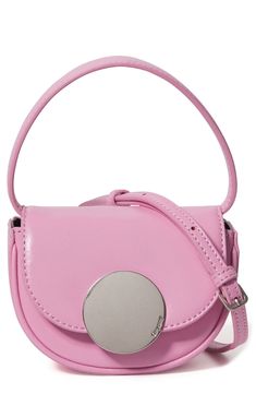 This scaled-down crossbody bag in a structured, saddle-inspired silhouette is made to stand out with gleaming logo hardware and smooth, bubblegum-pink leather. Magnetic-snap flap closure Top carry handle; removable, adjustable crossbody strap Structured silhouette with flat base for stability Lined Leather Imported Trendy Pink Shoulder Bag With Silver-tone Hardware, Modern Pink Shoulder Bag With Metal Hardware, Modern Pink Shoulder Bag With Magnetic Closure, Bubblegum Pink, Handle Bag, Pink Leather, Crossbody Strap, Leather Top, Top Handle