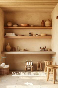 a bathroom with shelves and stools in it