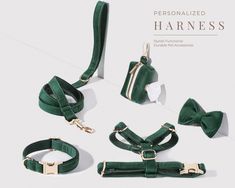 three pieces of green velvet with gold hardwares and matching leashes, all tied together