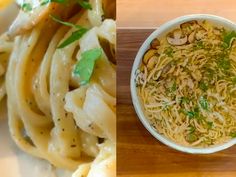 two pictures one with noodles and the other with vegetables