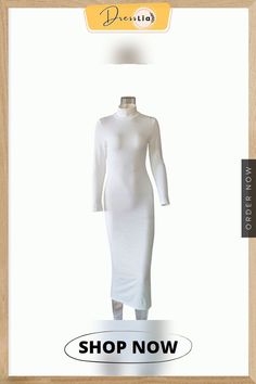 Solid Color High Neck Long Sleeve Skinny Maxi Dress Fitted High Neck Ribbed Sweater Dress, Stretch Ribbed High Neck Sweater Dress, White Stretch Long-sleeve Maxi Dress, High Neck Long Sleeve, Color Pick, Turtle Neck Dress, Bodycon Fashion, 1 Million, Fashion Flats