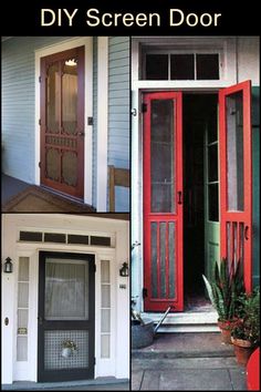 three different doors with the words diy screen door on them and an open front door