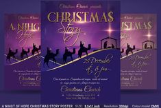 three christmas party flyer templates with nativity scene and star in the sky on purple background