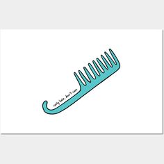 a blue comb with words on it sitting in front of a white wall and floor