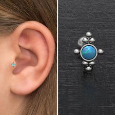 a woman's ear is shown with an opal stone in the middle and on the other side