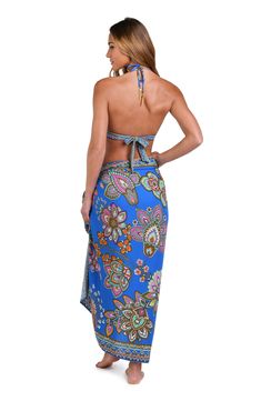 This vibrant print features a floral retro vibe, with a combination of bold and bright colors set against a bright blue background. This sarong-style pareo wrap ties at the side offering a chic silhouette, looking equally beautiful wrapped around your hips over a one-piece suit as it does bikini bottoms. [split] Details Pareo cover-up Adjustable side tie One size fits all Fabric 100% Rayon Crepe Multicolor Tropical Print Sarong For Pool, Multicolor Tie-side Sarong For Beach Party, Multicolor Printed Sarong For Pool, Vibrant Blue Printed Swimwear, Bohemian Printed Sarong For Pool, Blue Swimwear With Vibrant Print, Blue Vibrant Print Swimwear, Vibrant Print Sarong For Vacation, Bohemian Blue Swimwear With Floral Print