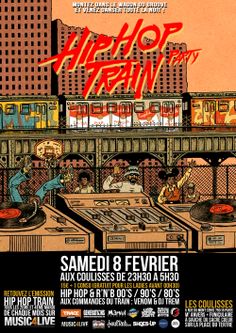 the poster for hip hop train featuring various people in front of a cityscape