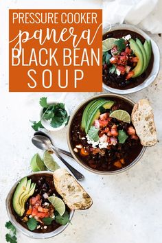 two bowls filled with black bean soup and topped with avocado slices