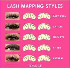 Lash Map For Beginners, Different Lash Mapping Styles, Hooded Eye Lash Extension Mapping, Babydoll Lash Map, Lashes With Numbers, Lash Map Styles, Kitten Lash Map, Lash Maps For Almond Eyes, Cluster Eyelash Mapping