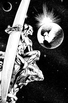 a black and white drawing of a man holding a surfboard in front of the moon