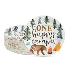 one happy camper paper plates, set of 4 - camping themed party supplies for kids and adults