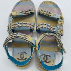 Chanel Dad Sandals Features : Blue, Pink And Yellow Suede Leather Interlocking Cc Logo And Chain Link Velcro Closure At Uppers Comes With Original Box Ig : Radtreasures Designer Multicolor Ankle Strap Sandals, Luxury Multicolor Sandals For Spring, Designer Multicolor Beach Sandals, Designer Multicolor Sandals For Summer, Luxury Multicolor Open Heel Sandals, Luxury Multicolor Open Toe Sandals, Designer Multicolor Sandals For Spring, Chanel Dad Sandals, Dad Sandals