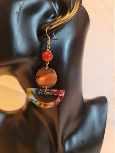 Beautiful Earrings Dangling Multicolor with a gold base and red bead Resin earrings - 2.5 inches Costume Jewelry