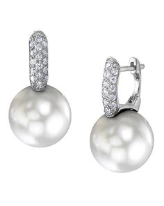 White South Sea Pearl & Diamond Emily Earrings Classic Formal Pearl Earrings With Pave Setting, Elegant Formal Pearl Earrings With Pave Setting, Elegant White Huggie Earrings With Diamond Accents, Luxury Hoop Earrings With Pearl Drop, Luxury White Huggie Earrings For Wedding, Elegant White Diamond Huggie Earrings, Elegant Pave Set Huggie Earrings As Gift, Elegant Pearl Huggie Earrings, Elegant Huggie Earrings With Pearl Drop