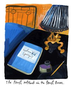 a painting of a lamp, book and other items on a table next to a bed