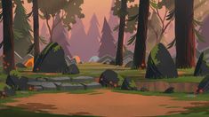 an animated scene with rocks and trees in the background