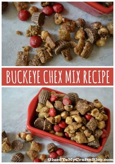 two pictures with the words buckeye chex mix recipe in red and white letters