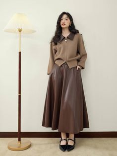 Fall Full Length Workwear Skirt, Brown Winter Office Skirt, Casual Leather Skirt For Winter, Skirt Korean, Pu Leather Skirt, Outfit Korean, Brown Skirt, Chill Fits, Teacher Outfit