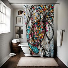 the shower curtain has been decorated with colorful glass beads and flowers on it's side