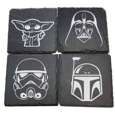 four star wars coasters with the faces of darth vader, storm trooper and yoda