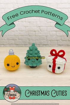 three crocheted christmas ornaments are sitting on a table with the words free crochet patterns