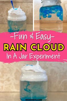 two jars filled with blue liquid and the words fun and easy rain cloud in a jar experiment