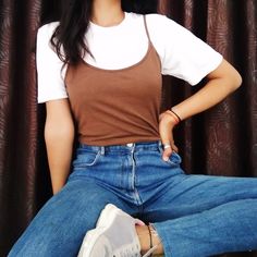 Grab a white t-shirt, over that wear a brown color spaghetti with high waist blue denim, wear yur fav shoes, add some jewellery and..yu are good to go❤️ Thanks for.... liking Brown Shirt Outfit, Outfit With Jeans, Brown Shirt, Brown Flats, Brown Pants, Blue Pants, Collar Shirt, Photos Ideas