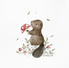 a watercolor painting of a beaver holding a mushroom