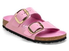 Birkenstock: Arizona BB High Shine Fondant Pink The legendary two-strap design from BIRKENSTOCK with amplified buckle accent - the Arizona Big Buckle. The Big Buckle version features a large, elegant buckle creating a bold yet minimalist design. The semi-exquisite footbed is fully lined with soft piumato leather, making it exceptionally comfortable. The upper is made from high-quality natural leather with a high shine finish. Anatomically shaped cork-latex footbed; semi-exquisite Upper: natural leather with a high shine finish Footbed lining: piumato leather Sole: EVA Details: two straps, each with a large, individually adjustable metal pin buckle; color-coordinated details “Made in Germany” Fondant Pink, Arizona Big Buckle, Sandals Birkenstock, Shoes Birkenstock, Leather Making, Pink Sandals, J Cole, Birkenstock Arizona, Metal Pins